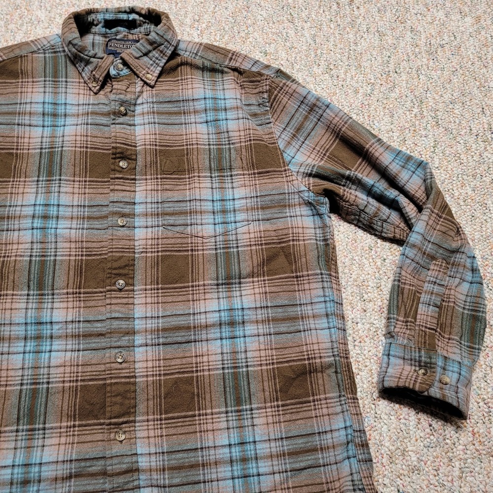 Pendleton Shirt Men Large Brown Blue Plaid Button Down Long Sleeve Hiking Mason - Picture 6 of 15